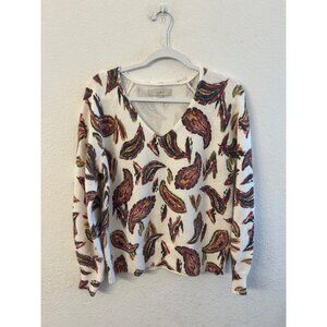 Loft White Sweater With Multicolor Paisley Print V-Neck Long Sleeves Size Large